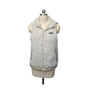 Patagonia Vest Womens Medium Beige Tan Reversible Hooded Sherpa Fleece‎ Full Zip